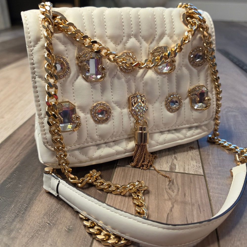 Aldo Crossbody Bag Womens Small White Excellent Quilted Rhinestone Snake Tassel